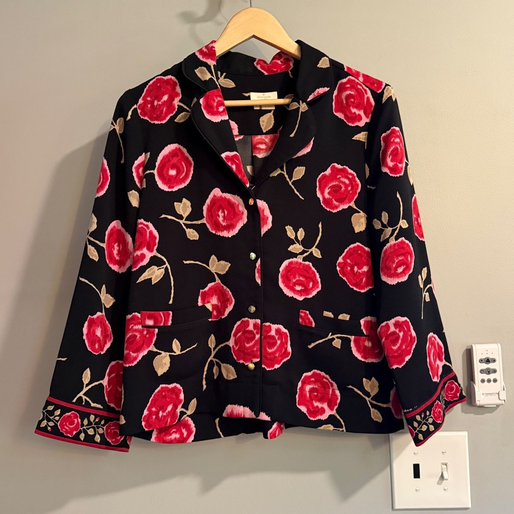 Kate Spade Jacket Women Medium Black Red Rose Floral Button Down Cropped Blazer